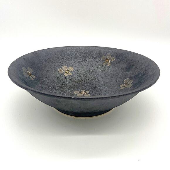Sakura Other - Vtg Hand Made Floral Japanese Black Sakura Ceramic Noodle Bowl Cherry Blossom